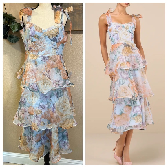Lulus Dresses & Skirts - Lulu's Pastel Floral Tiered Midi Dress with Bow Straps